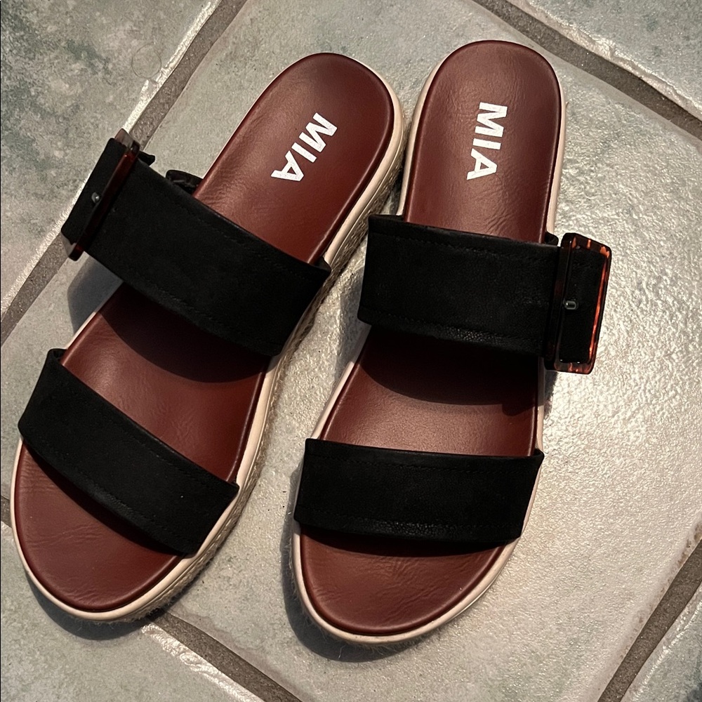 MIA Black Double-Strap Slide Sandals with Brown Footbed